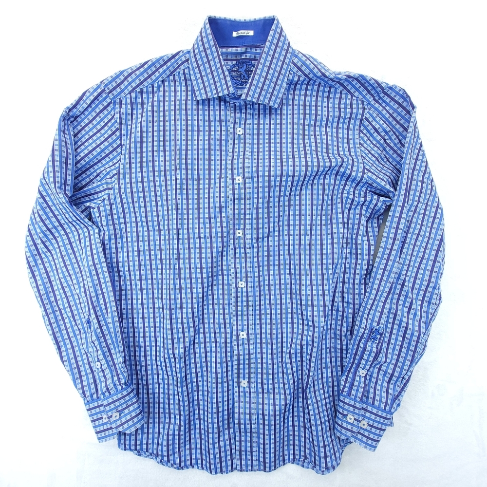 Bugatchi Shirt Mens Large Blue Dress Shirt Checkered Cotton *Missing Size Tag*